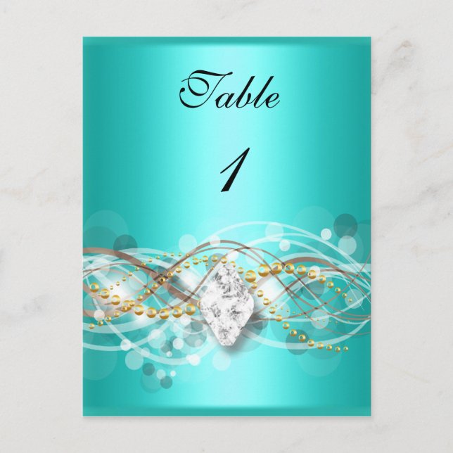 Table Number Card Teal Blue Gold Diamond Jewel (Front)