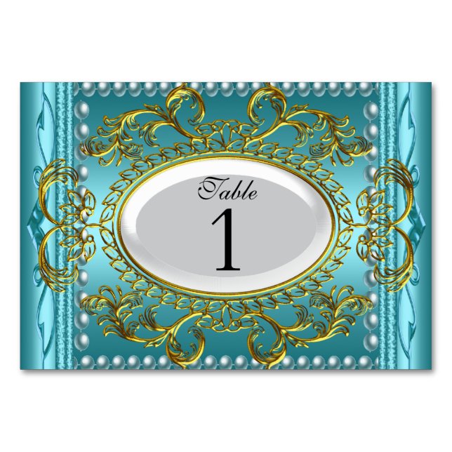 Table Number Cards Royal Teal Blue White Gold (Front)