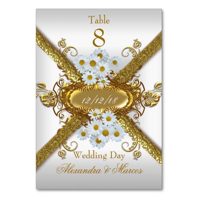 Table Number Cards Wedding White Gold Daisy (Front)