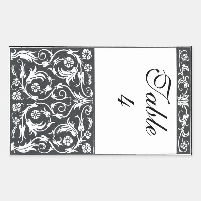Table Number Damask Pen & Ink Black White Wedding Rectangular Sticker (Front)