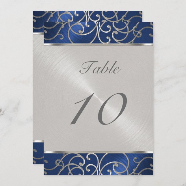 Table Number Elegant Blue and Silver Filigree (Front/Back)