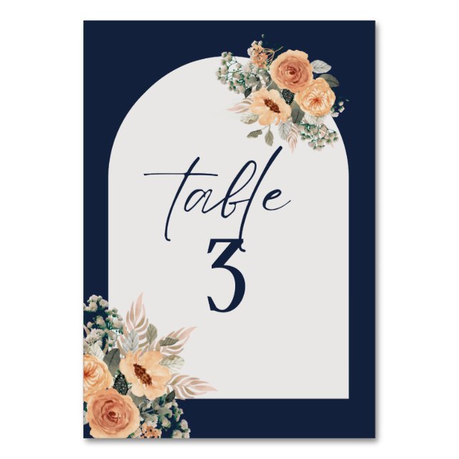 Table number, Elegant dark blue floral Table Number (Front)
