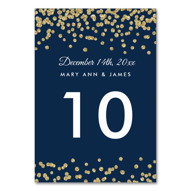 Table Number Gold Faux Glitter Confetti Navy Blue (Front)