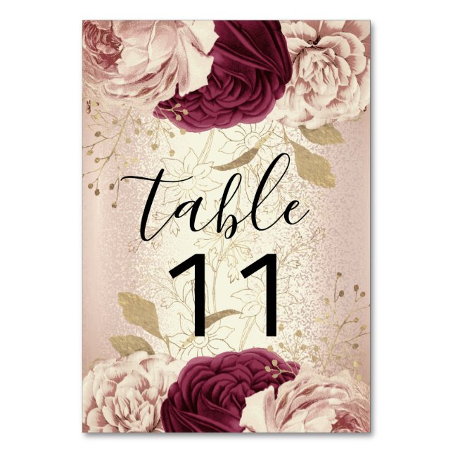 Table Number Pink Florals Rose Gold Marsala (Front)