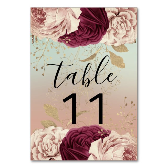 Table Number Pink Florals Rose Gold Marsala Blue (Back)
