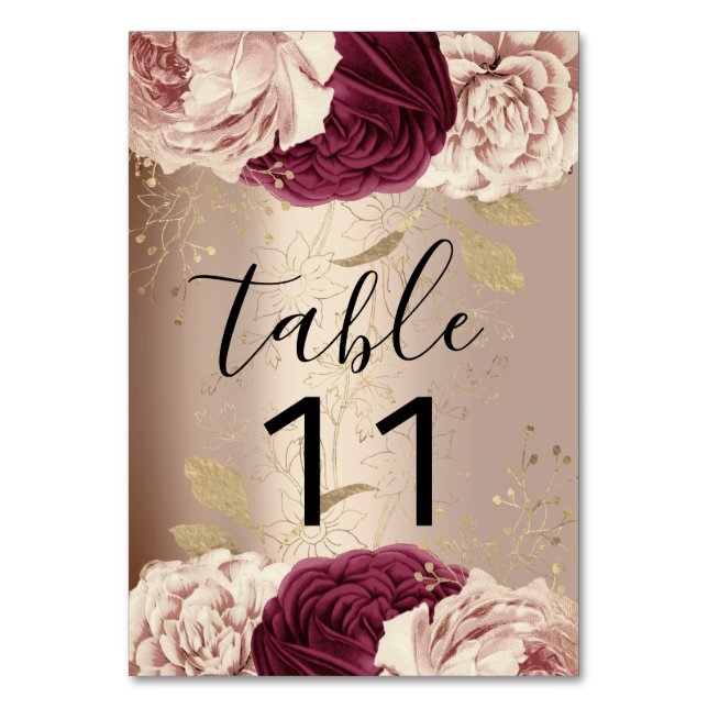 Table Number Pink Florals Rose Marsala Burgund (Front)