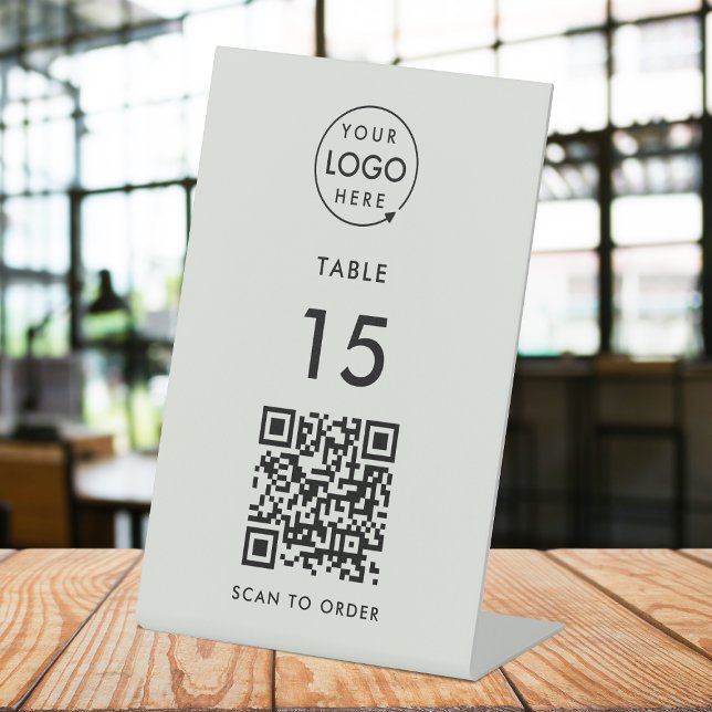 Table Number QR Code Scan to Order Grey Restaurant Pedestal Sign (Interactive "scan to order" QR code table signs for restaurants, bars, cafes & hospitality events.)