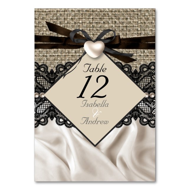Table Number Rustic Wedding Burlap Lace Heart (Front)