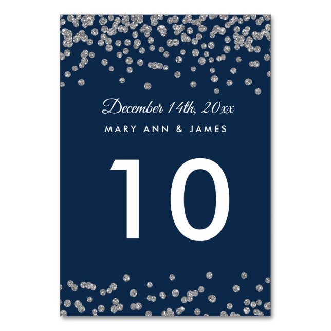 Table Number Silver Faux Glitter Confetti Navy (Front)