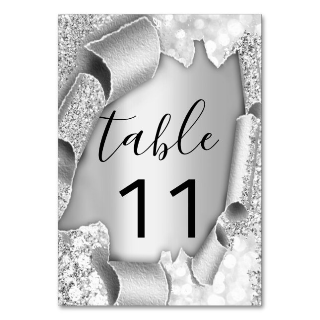 Table Number Silver Grey Glitter 3D Wedding (Front)
