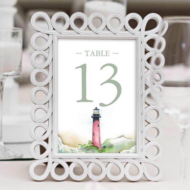 Table Number Watercolor Beach Wedding 4x6 Photo Print (Beach wedding table number with Jupiter Lighthouse watercolor art by Victoria Grigaliunas)