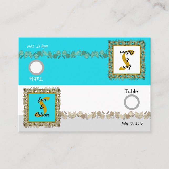 Table Number Wedding Blue Gold Leaf Place Card (Front)