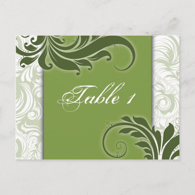 Table Number Wedding Card - Elegant Green Swirls (Front)