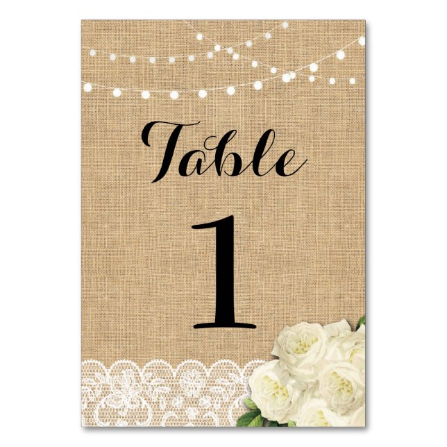 Table Number Wedding Rustic Burlap Lights Lace (Front)
