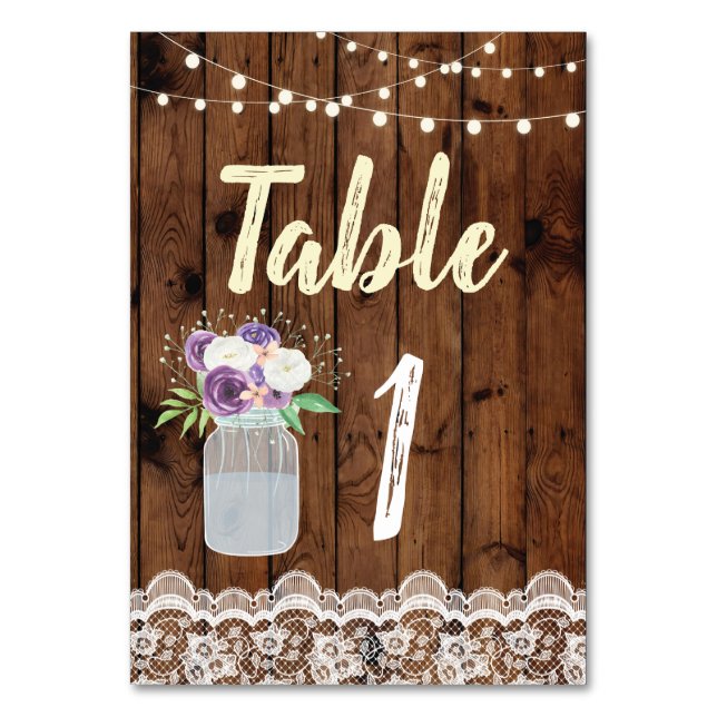 Table Numbers Wedding Jars Rustic Wood Lace Cards (Front)