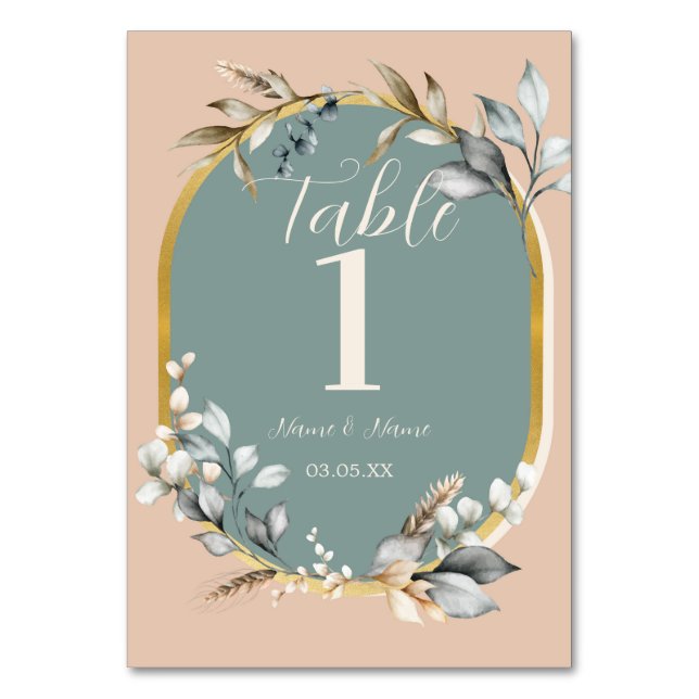 Table Numbers Wedding Romantic Neutrals Teal (Back)