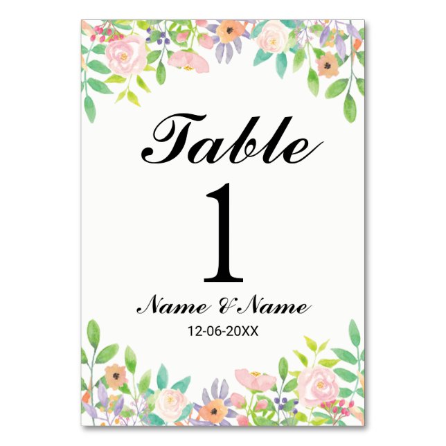 Table Numbers Wedding Watercolour Floral Elegant (Front)