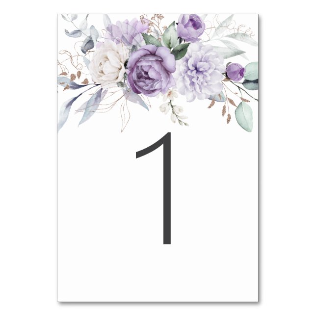Table One Watercolor Purple Floral Wedding Table Number (Front)