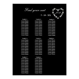 Table Plan 'Black Floral Heart' for 8 tables Poster