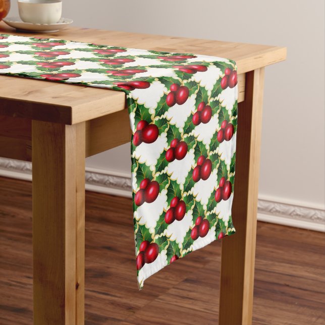 Table Runner-Christmas Red Holly Long Table Runner (In Situ)