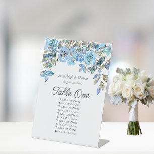 Table Seating Chart Falling in Love Blue Florals Pedestal Sign