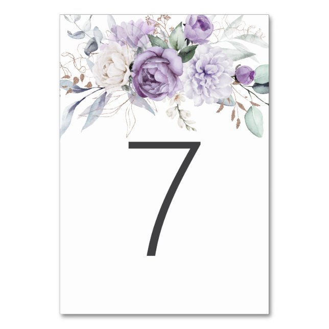 Table Seven Watercolor Purple Floral Wedding Table Number (Front)