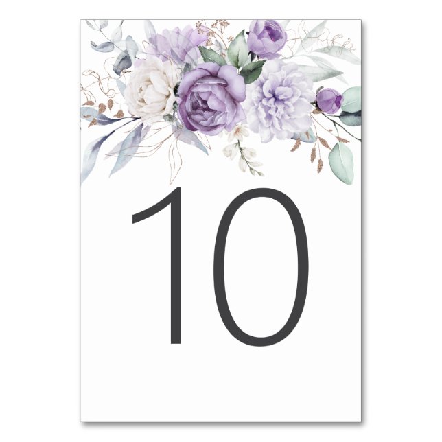 Table Ten Watercolor Purple Floral Wedding Table Number (Front)