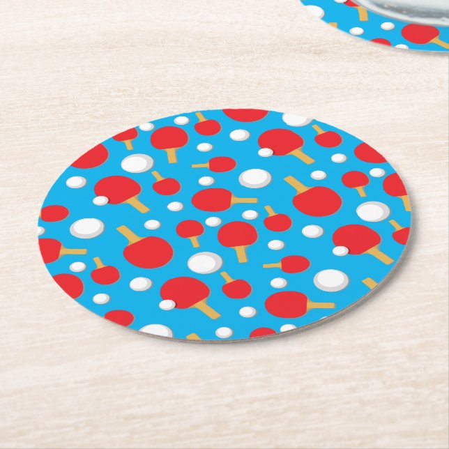 Table Tennis Bats and Balls Pattern on Blue Round Paper Coaster (Angled)