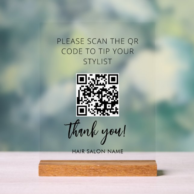 Table Tent Minimalist Qr Code to Tip Salon Stylist Acrylic Sign (Neutral)