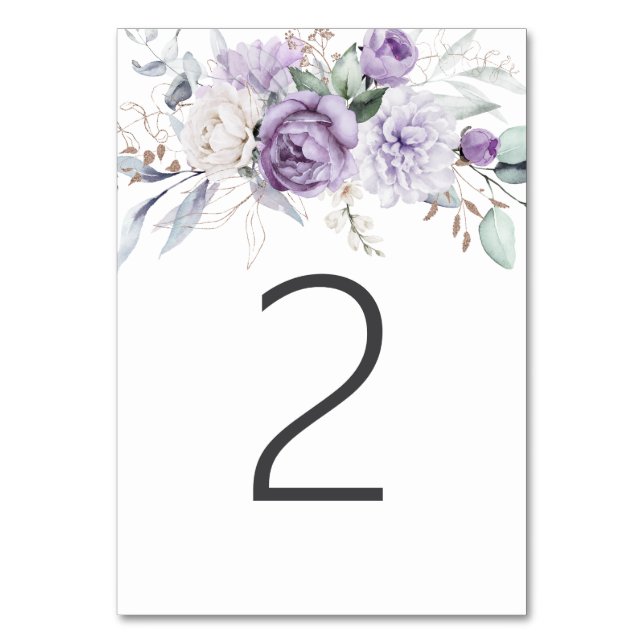 Table Two Watercolor Purple Floral Wedding Table Number (Front)