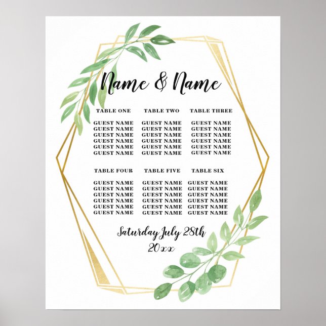 Table Wedding Leaves Poster Seating Gold Frame (Front)