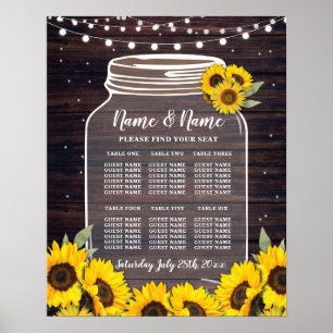 Table Wedding Poster Seating Sunflower Jar Wood