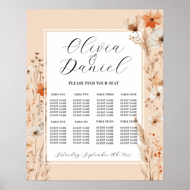 Table Wedding Seating 8 Boho Florals Bohemian  Poster (Front)
