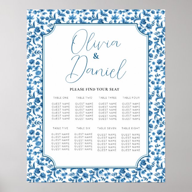 Table Wedding Seating 8 Chintz Blue & White Floral Poster (Front)