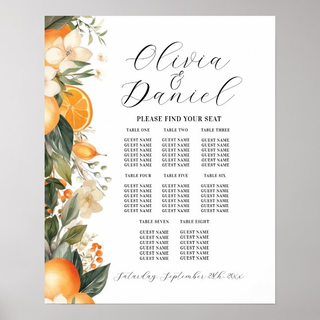 Table Wedding Seating 8 Florals Citrus Oranges  Poster (Front)