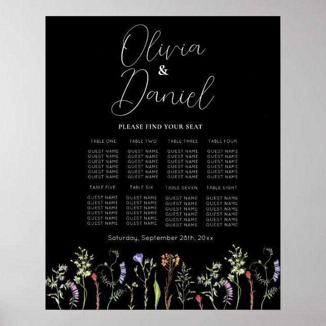 Table Wedding Seating 8 Wildflowers Floral Dark Poster (Front)