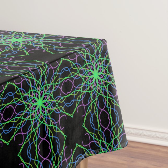 Tablecloth, Black Green Kaleidoscope Flower Tablecloth (In Situ)
