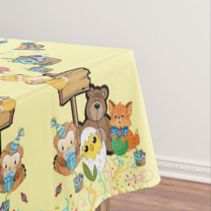 Tablecloth, Happy Birthday Yellow Bear Fox Chicks  Tablecloth