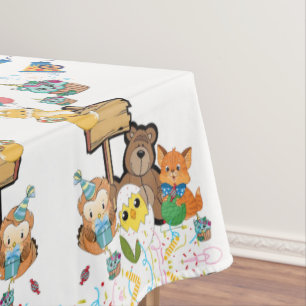 Tablecloth, Happy Birthday Yellow Bear Fox Chicks  Tablecloth