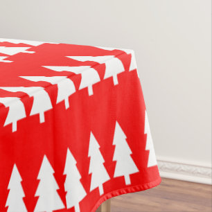 Tablecloth, White Merry Christmas Trees Red Tablecloth
