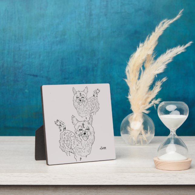 Tabletop  Easel With Canvas ;  Corgi Puppies Plaque (Insitu)