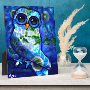 Tabletop Plaque Whimsical Abstract Owl Blue Green