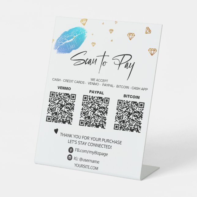 *~* Tabletop QR 3 PAYMENT Table Tent  LIPS Girly Pedestal Sign (Front)