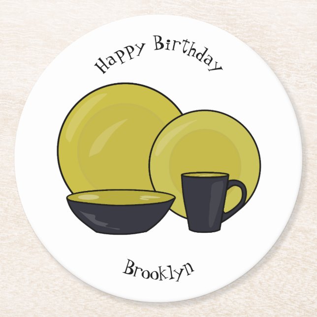 Tableware set cartoon illustration round paper coaster (Front)