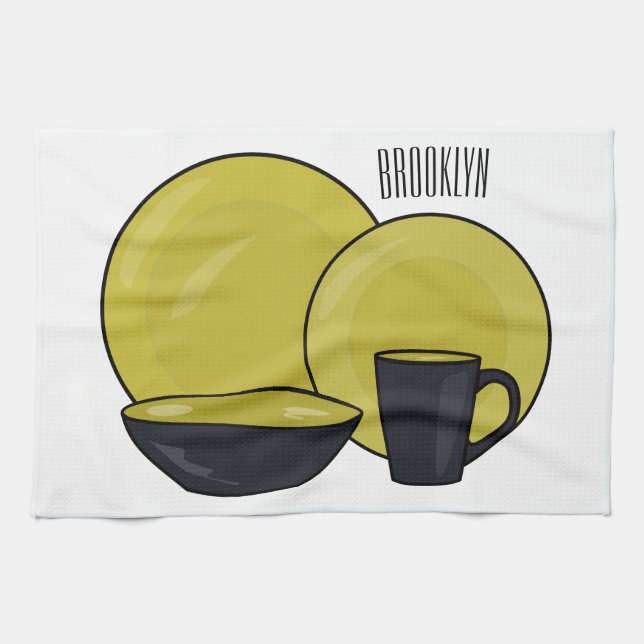 Tableware set cartoon illustration  tea towel (Horizontal)