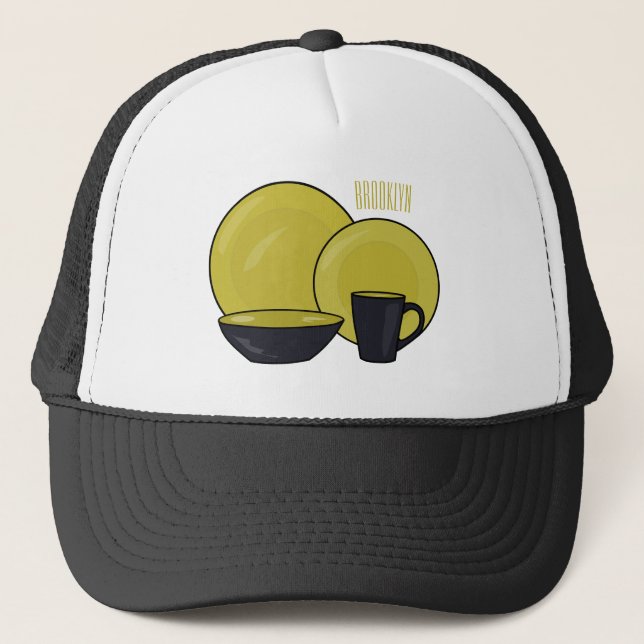 Tableware set cartoon illustration  trucker hat (Front)