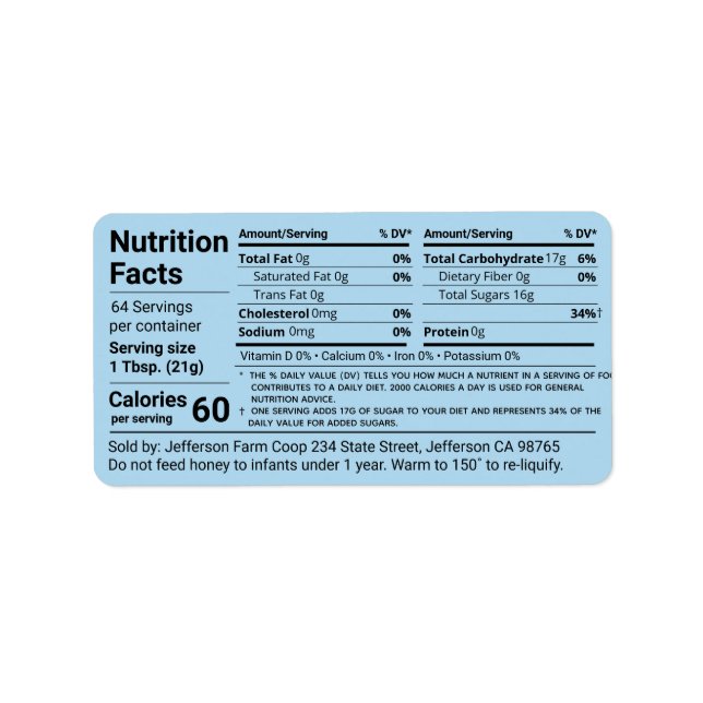Tabular Honey Nutrition Facts Cornflower Blue Label (Front)