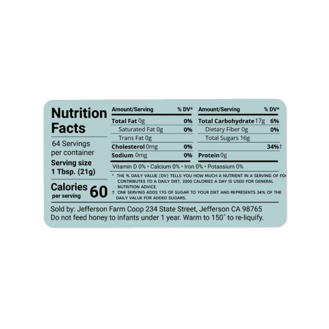 Tabular Honey Nutrition Facts Turquoise Product Label (Front)