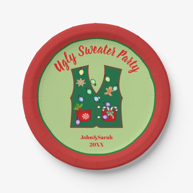 Tacky Christmas Lights Ugly Sweater party Paper Plate (Front)