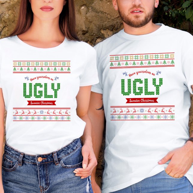 Tacky Christmas Nordic Knit Pattern Red Green Ugly T-Shirt (Creator Uploaded)
